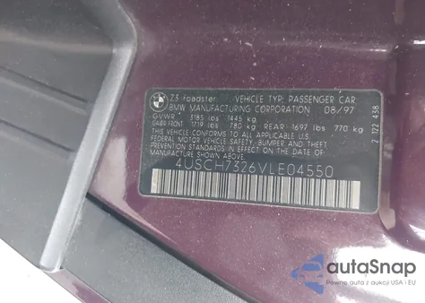 1997 BMW Z3 1.9L Roadster z USA, uszkodzony, nr VIN 4USCH7326VLE04550